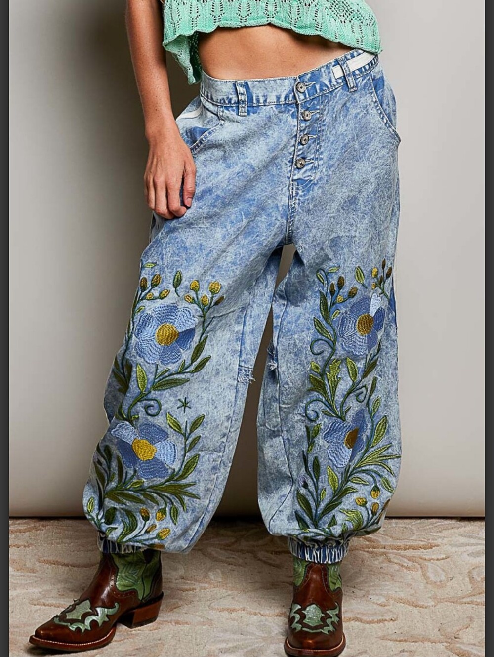 #1813 POL Bluebell Bloom Embroidered Denim Joggers